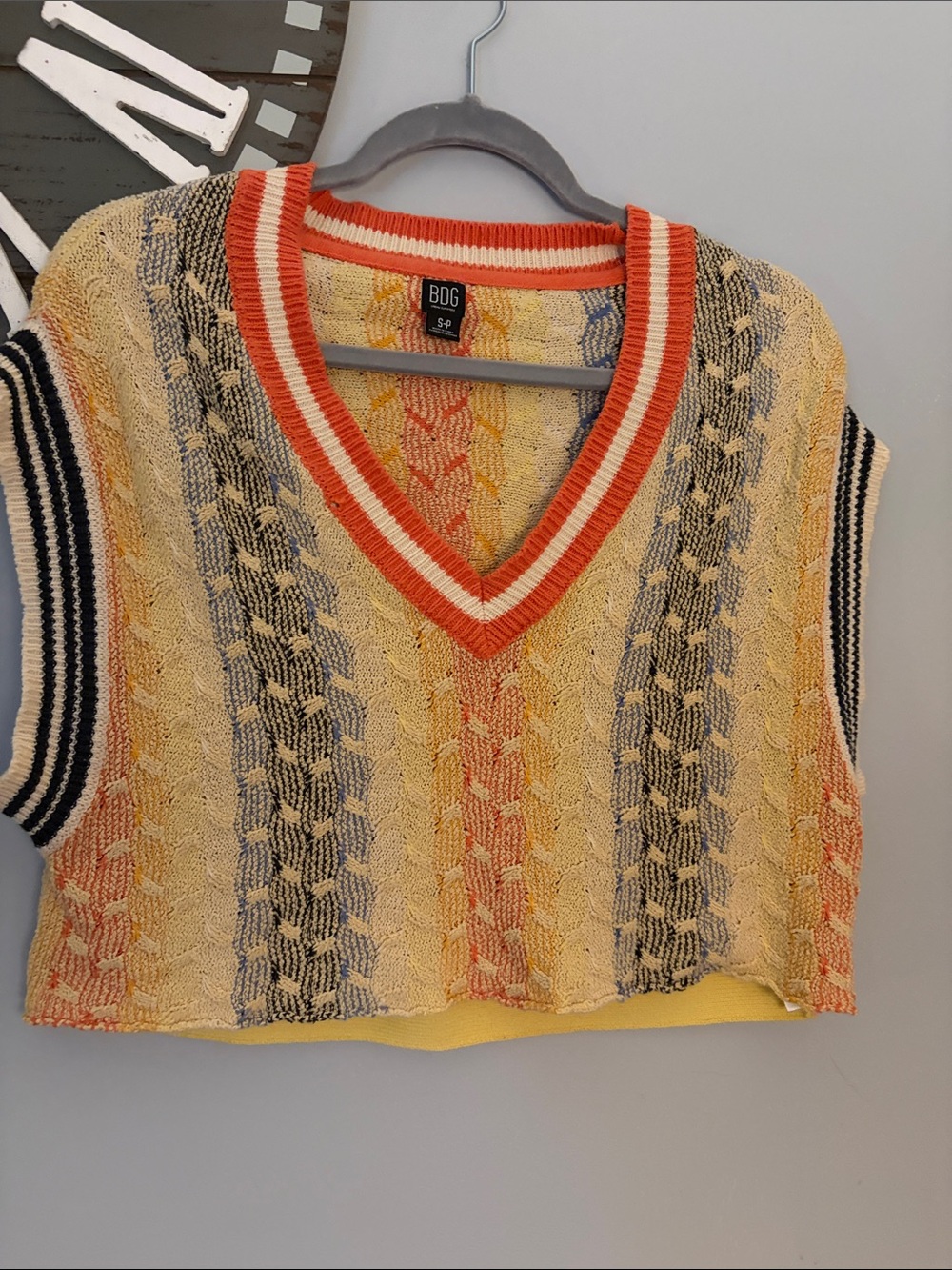 BDG Yellow & Orange Multicolor Cable-Knit V-Neck cropped Sweater Vest